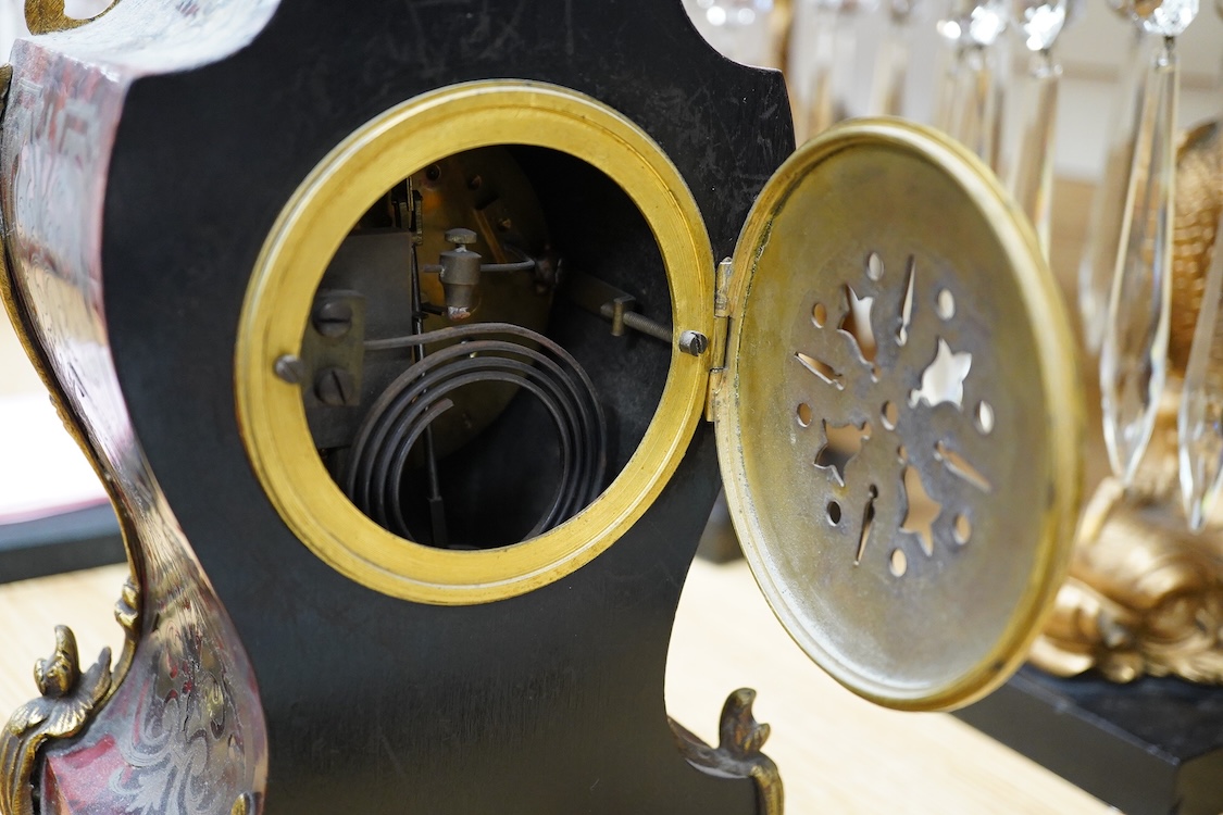 A late 19th century gilt metal mounted Boulle work mantel clock, J. W. Benson, London, with pendulum and key, 36cm high